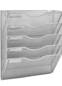 lot 6189 image: EASEPRES 5 Pockets Mesh Wall File Holder Organizer Office Hanging Magazine Rack, Silver