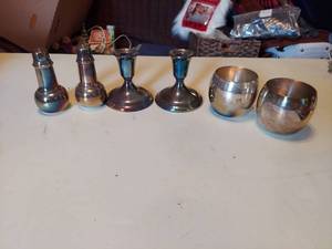 lot 5745 image: Silverplate Items - Candlesticks, Salt  Pepper Shakers and Cups