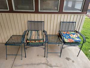 lot 5770 image: 2 Metal Patio Chairs with 2 Side Tables