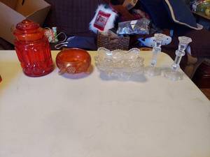 lot 5823 image: Glassware - Canister, Carnival Footed Dish and Candlesticks