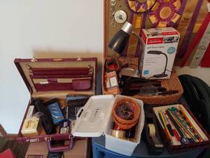 lot 5876 image: Assorted Office Supplies in Briefcase, Basket and 2 Drawer File Cabinet