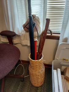 lot 5902 image: Umbrella Basket with Umbrella, Stick Horse and Walking Sticks