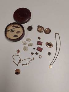 lot 5924 image: Pocket Watch Case and Assorted Jewelry in Container