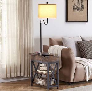 lot 1944 image: Halifair Floor Lamp with Table, Narrow End Table with Lamp, Bedside Nightstand with USB & Type-C Charging Ports and 2 Outlets, Rustic Side Table with Storage Shelf, Side Table with Lamp for Living Room Bedroom