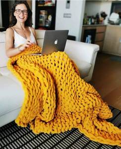 lot 5827 image: Abound Chunky Knit Blanket Throw (50x60, 5 lbs) - Chenille Yarn Knitted Blanket - Crochet Blanket - Cable Knit Throw Blanket - Couch, Bed, Weighted Chunky Blanket, Gift - Machine Washable (Yellow)