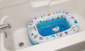 lot 5831 image: Mommys Helper Inflatable Bathtub for Baby & Toddler Saddle Horn Baby Bath Seat Keeps Baby from Sliding Whimsical Ocean Design Makes Toddler Bath time Fun Recommended Age 6 to 24 Months