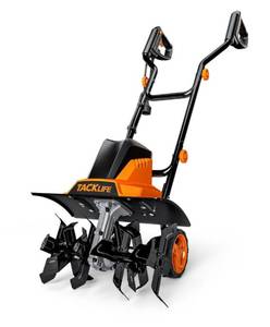 lot 5852 image: TACKLIFE 12A Electric Tiller Cultivator, 16-inch Tilling Width, 8-inch Working Depth, with 6 Tines, Foldable Handle and Adjustable Wheels - TGTL02A