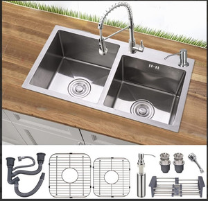 lot 5854 image: Double Kitchen Sink,32x18 in Undermount Stainless Steel Double Bowl Kitchen Sink, With Bonus Dish Drying RackShelf & Gloves
