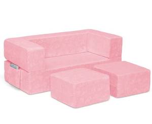 lot 5857 image: Serta Perfect Sleeper Convertible Sofa and Play Set for Kids and Toddlers � Modular Foam Couch and Flip Out Lounger with 2 Ottomans, Pink