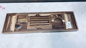 lot 13617 image: Acacia Wooden Bath Tub Tray, Bathroom and Bed Tray for One or Two Persons, Extendable Luxury Bathtub Caddy Tray, with Reading Rack or Tablet Holder