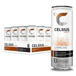 lot 13619 image: CELSIUS Sparkling Cola Fitness Drink, Zero Sugar, 12oz. Slim Can, 12 Pack