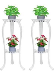 lot 13640 image: YEAVS 2 Pack Metal Plant Stand 2-Tier, 32-inch Rustproof Decorative Flower Pot Shelf Rack for Indoor Outdoor Home Garden Office, Planter Display Holder Stand (2, White)