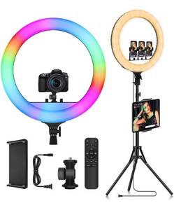 lot 13662 image: 18 LED RGB Ring Light with Tripod Remote Control Music Sync for YouTube TikTok Video Camera Lighting