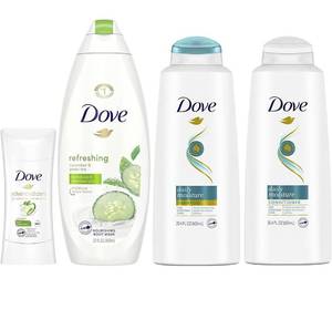 lot 13670 image: Dove Hair and Skin Care Regimen Pack For Soft Skin and Clean Hair Cool Moisture Includes 2 Hair and 2 Skin Care Products 4 Count