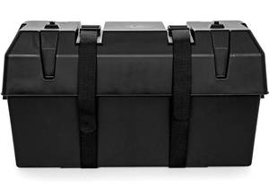 lot 14477 image: Camco Heavy Duty Double Battery Box with Straps and Hardware - Group GC2  Safely Stores RV, Automotive, and Marine Batteries  Measures Inside 21-12 x 7-38 x 11-316 - Missing Lid & Straps