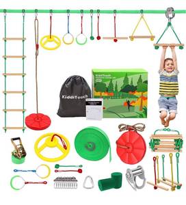 lot 14513 image: Ninja Warrior Obstacle Course for Kids - 60FT Ninja Slackline with Most Complete Accessories, Slider Slackline Pulley, Round Swing, Rope Ladder, 360° Spinning Wheel, Wood Monkey Bar Holds, Gift Box