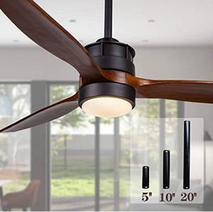 lot 14518 image: 52 Black Outdoor Ceiling Fan with Lights and Remote Control for Farmhouse or Patio, 3 Walnut Wood Blades, 3 Downrods Included