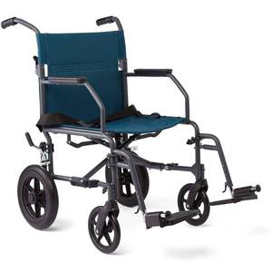 lot 14529 image: Medline Transport Wheelchair with Lightweight Steel Frame, Folding Chair is Portable, Large 12 inch Back Wheels, 19 inch Wide Seat, Teal