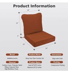 lot 15591 image: AAAAAcessories Outdoor Deep Seat Cushions for Patio Furniture, Water-Resistant Replacement Patio Chair Cushions 24 x 24 x 5 inch, Rust
