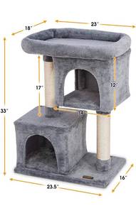 lot 15607 image: PAWBEE 33 Cat Tree House - 2 Condos &amp 2 Sisal Scratching Posts - Cat Scratching Post Tower With Ex-Large Plush Perch - Cat Play Tower With Sturdy Base &amp Anti-Tip Strap - Large &amp Small Cats - Cat Tower