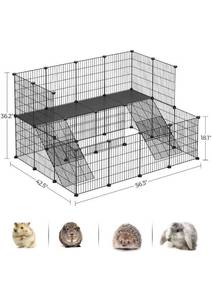 lot 15630 image: SONGMICS Guinea Pig Playpen, 1.5-Level Metal Mesh Small Animal Cage Hutch for Hedgehogs, Rabbits with Ramps, 1 Wire Spacing, Black ULPI004B01