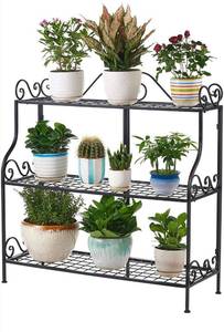 lot 15638 image: FaithLand Metal Scrollwork Design 3 Tier Plant Stand IndoorOutdoor, Home Storage Organizer Shelf Rack, Flower Pots Holder, Plant Display Rack, Stand Shelf, Black