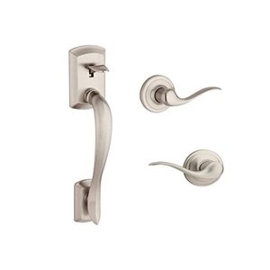 lot 7120 image: Kwikset 98150-002 Avalon Exterior Handle Only with Tustin Right-Handed and Left-Handed Levers in Satin Nickel