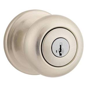 lot 7122 image: Kwikset Juno Keyed Entry Knob Featuring SmartKey Security�� In Satin Nickel Model # 97402-736