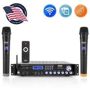 lot 11998 image: Pyle PWMA4004BT - Hybrid Amplifier Receiver - Pro Audio Multi-Channel Stereo Pre-Amplifier System with (2) UHF Microphones &amp Digital OpticalCoax, MP3USBSD Readers, FMAM Radio, Rack Mount- Retail$213.39