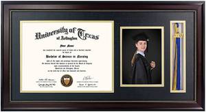 lot 11741 image: GraduationMall 11x22 Mahogany Diploma Frame with Tassel Holder and Picture Frame for 8.5x11 Certificate 5x7 Photo, Real Glass, Black Over Gold Mat
