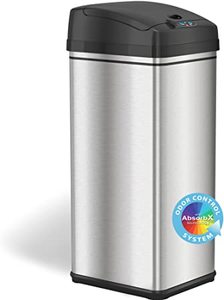 lot 11982 image: iTouchless 13 Gallon Automatic Trash Can with Odor-Absorbing Filter and Lid Lock, Power by Batteries (not included) or Optional AC Adapter (sold separately), Black  Stainless Steel