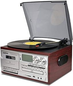 lot 11986 image: LoopTone Vinyl Record Player 9 in 1 3 Speed Bluetooth Vintage Turntable CD Cassette Player AMFM Radio USB Recorder Aux-in RCA Line-Out - Retail$169.99