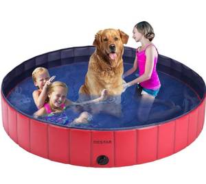 lot 1999 image: DEStar PVC Foldable Pet Swimming Pool Outdoor Bathtub with Protective Lining for Dogs and Kiddies 63 Inch Diameter Red