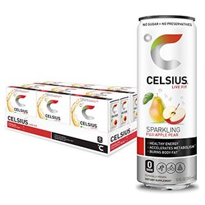 lot 5952 image: CELSIUS Sparkling Fuji Apple Pear Fitness Drink, Zero Sugar, Slim Can, 12 Fl Oz (Pack of 24)