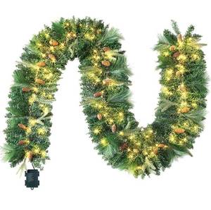 lot 5955 image: 9ft Chrsitmas Garland (Cone) Prelit with 100 LED Warm White String Lights, Battery Powered Holiday Decor for Winter Christmas