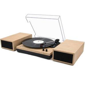 lot 5958 image: LP&No.1 Bluetooth Vinyl Record Player with External Speakers, 3-Speed Belt-Drive Turntable for Vinyl Albums with Auto Off and Bluetooth Input,Light Wood