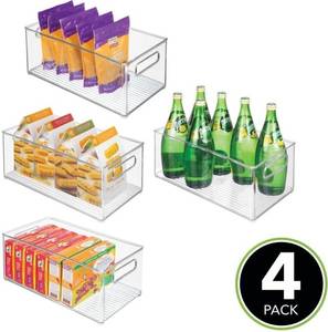 lot 5962 image: mDesign Deep Plastic Kitchen Storage Organizer Container Bin for Pantry, Cabinet, Cupboard, Shelves, Fridge, or Freezer - Holds Dry Goods, Sauces, Condiments, Bottled Drinks, or Snacks, 4 Pack, Clear