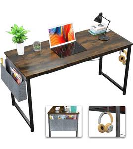 lot 5973 image: Foxemart Computer Desk Modern 39 Inch Writing Study Desk Simple PC Laptop Notebook Table with Storage Bag and Iron Hook for Home Office Workstation, Rustic Brown