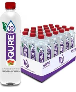 lot 5986 image: QURE Water Watermelon Kiwi, Silky Smooth 10 pH with lonized Alkaline Minerals, Electrolytes, Watermelon Kiwi Flavor Essence. Zero Sugar, Zero Calories, Zero Sweeteners, 16.9 fl oz (500mL) Pack of 24