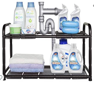 lot 6722 image: STORAGE MANIAC Under Sink 2 Tier Expandable (Width & Height) Shelf Organizer, Under Sink Organizer and Storage with 10 Removable Steel Panels for Kitchen, Bathroom - from 18.5 to 30 Inches, Bronze