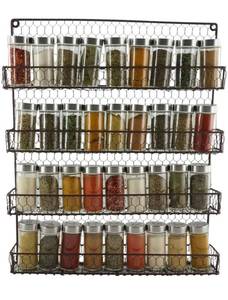 lot 13684 image: 4 Tier Metal Spice Rack Wall Mount Kitchen Spices Organizer Pantry Cabinet Hanging Herbs Seasoning Jars Storage Closet Door Cupboard Mounted Holder - Black 21.5x17