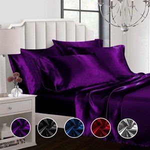 lot 13689 image: Ahmedani Linen Sexy Satin Sheets 6 Pcs QueenKing Bedding Set 1 Duvet Cover  1 Fitted Sheet  4 Pillow Cases (Many Colors) Purple Queen