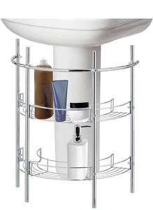 lot 13737 image: Under-the-Sink Bathroom Quality Pedestal Storage Rack with 2 Shelves & Hand Towel Bar, Chrome Plated