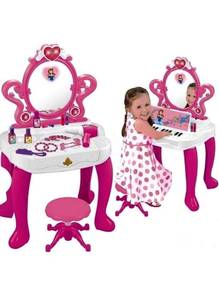 lot 13743 image: WolVolk 2-in-1 Vanity Set Girls Toy Makeup Accessories with Working Piano & Flashing Lights, Big Mirror, Cosmetics, Working Hair Dryer - Glowing Princess Will Appear When Pressing The Mirror-Button