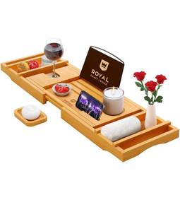 lot 14554 image: Luxury Bathtub Caddy Tray, 1 or 2 Person Bath and Bed Tray, Bath Tub Table Caddy with Extending Sides - Free Soap Dish (Natural)