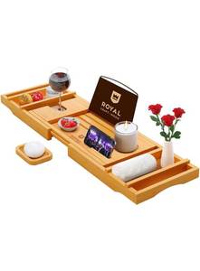 lot 14583 image: Luxury Bathtub Caddy Tray, 1 or 2 Person Bath and Bed Tray, Bath Tub Table Caddy with Extending Sides - Free Soap Dish (Natural)