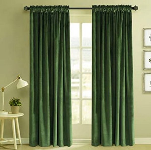 lot 15671 image: Classic Velvet Mossy Green Lot of 2 Blackout Rod Pocket Drapes Room Darkening Curtains (52 by 84-Inch)