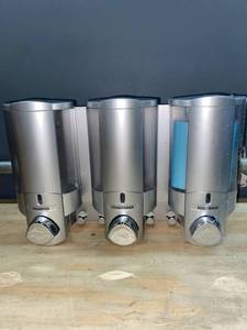 lot 15672 image: Better Living Products Aviva 3 Chamber Wall Mount Soap and Shower Dispenser, Satin Silver (Clip Broke Off Body Wash) Still Functional