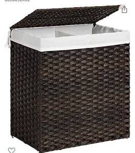 lot 15688 image: Songmics Laundry Hamper, 29 Gal (110L) Divided Laundry Basket with Removable Liner Bag, Synthetic Rattan Handwoven, with Lid and Handles, Foldable, 22.4 x 13 x 23.6 Inches, Brown