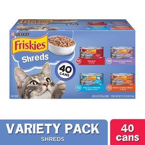 lot 15756 image: (40 Pack) Friskies Wet Cat Food Variety Pack, Shreds Beef, Turkey, Whitefish, and Chicken & Salmon, 5.5 oz. Cans